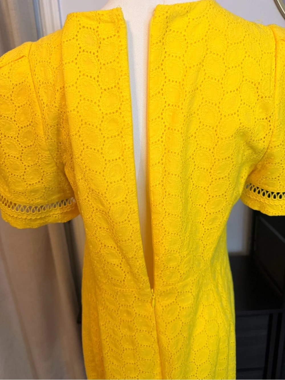 Calvin Klein Yellow Eyelet Puff Sleeve Midi Dress